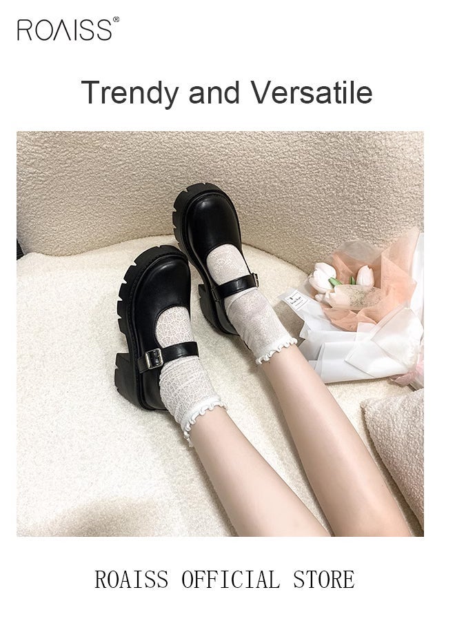 رويس حذاء ماري جين الجلدي السميك للنساء ذو ​​مقدمة مربعة وكعب مسطح مع حزام كاحل مزخرف بإبزيم للفتيات للزي الرسمي الكلاسيكي مضاد للانزلاق باللون الأسود النقي للارتداء اليومي - Image 5